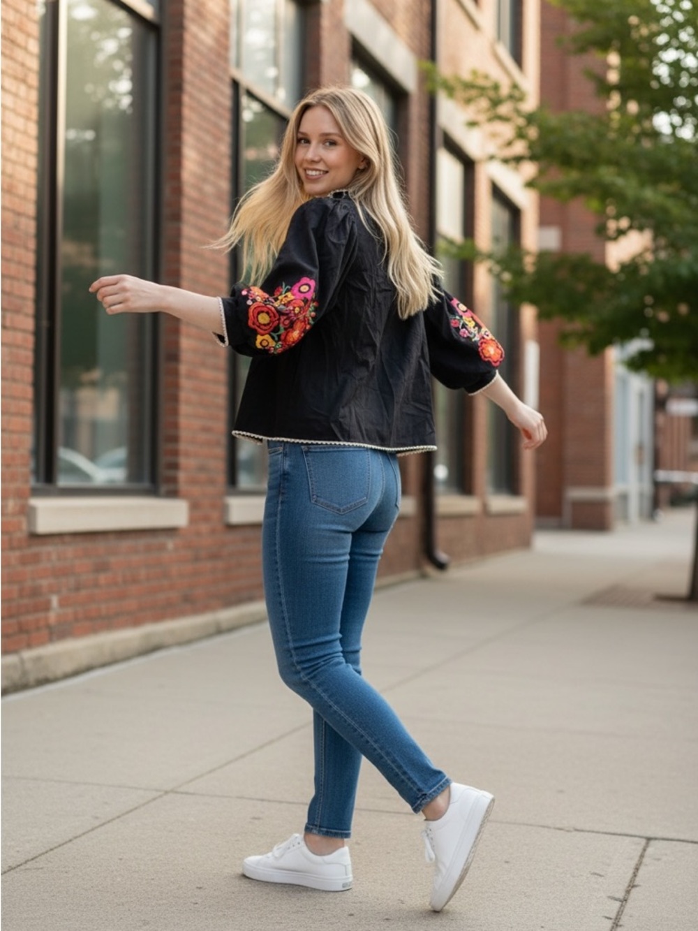 JODIFL Black Embroidered Puff Sleeve Blouse | Floral Boho Top Size L